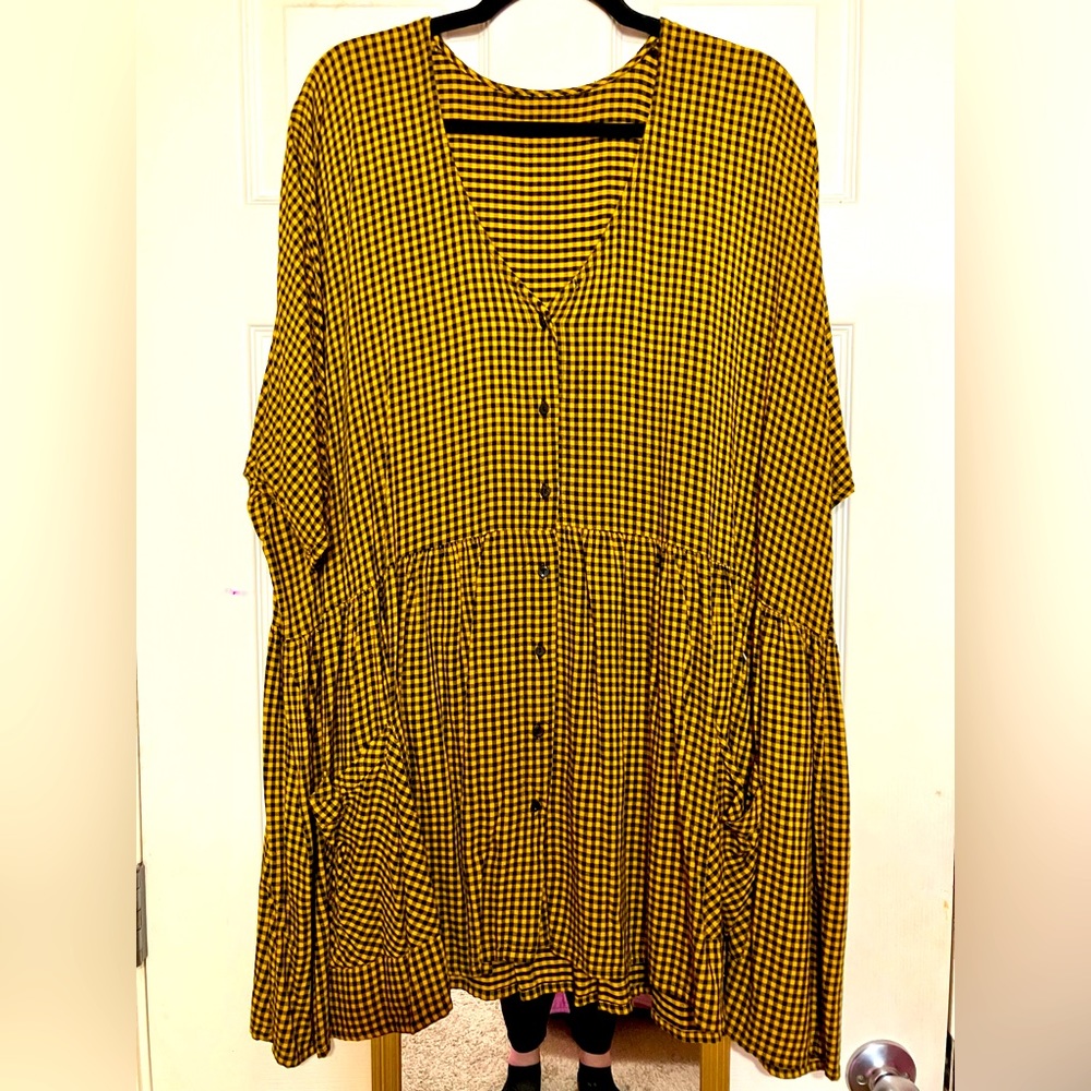 Plus Size Mustard Yellow Gingham Print Flowy Blouse with Front Pockets 3X 4X